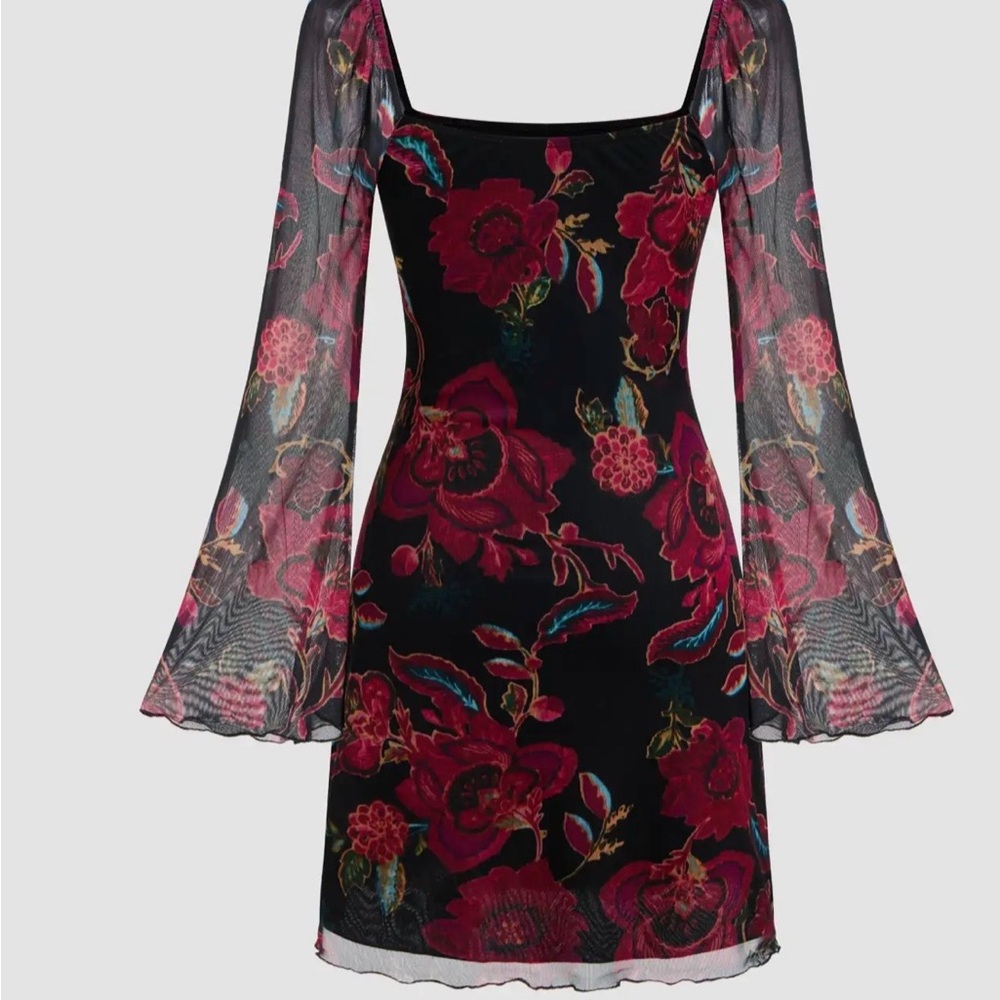 NWT Y2K Cider Black Dress with Red Floral Design and Bell Sleeves size Large